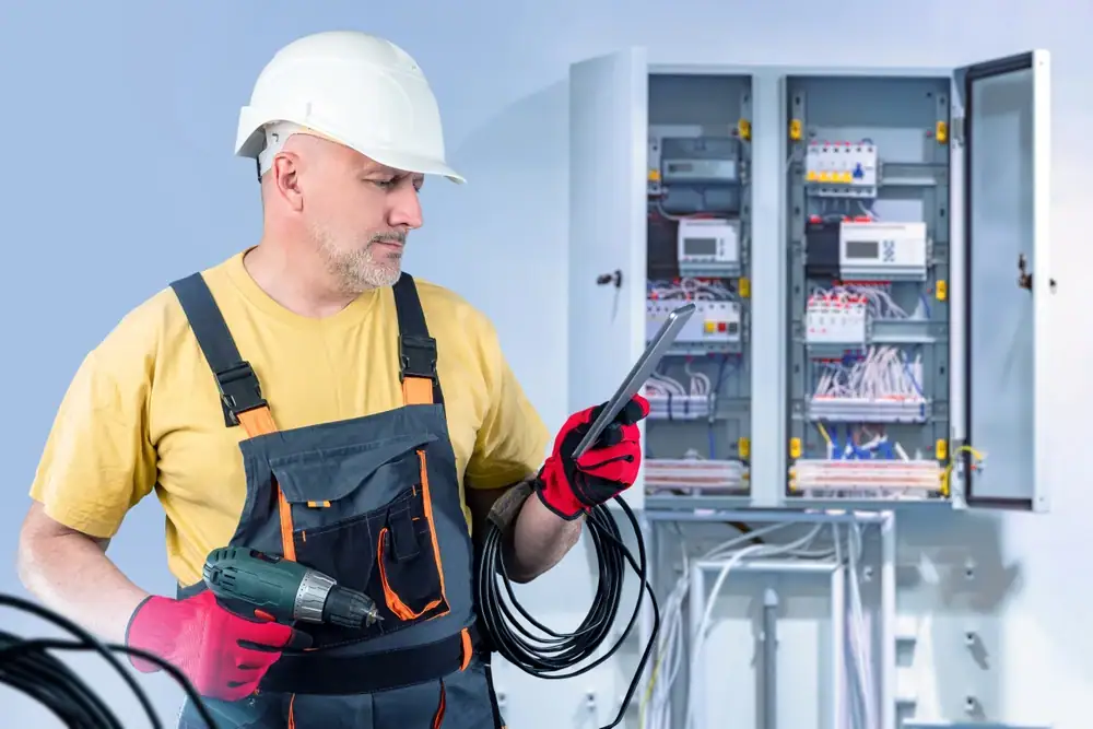 Electrician Cook and Will County, IL, wearing a hard hat and gloves, holds a drill and cable while looking at a tablet, standing in front of open electrical panels with visible wiring inside—your trusted choice for electrical services Cook and Will County.
