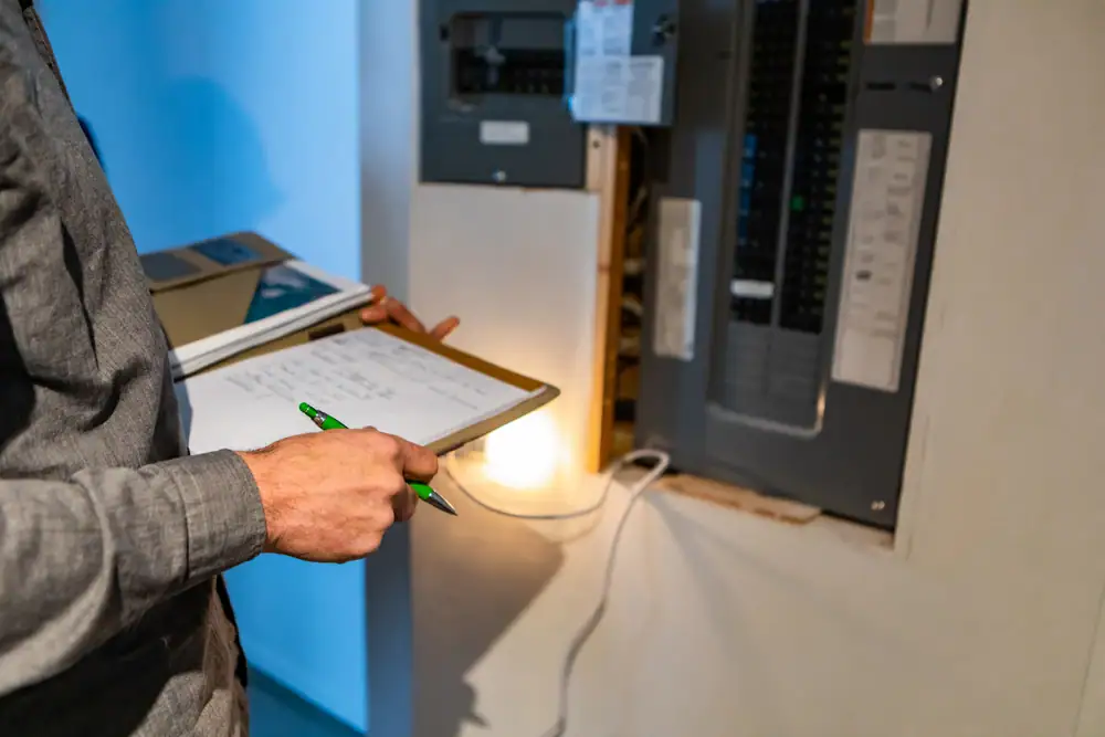 An electrician Cook and Will County, IL, holds a clipboard and pen while inspecting an open electrical panel on a wall, with notes on the clipboard and wiring exposed inside the panel.