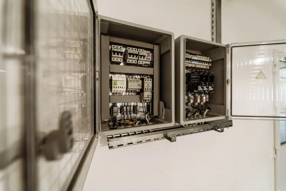 Two open electrical control panels mounted on a wall, revealing switches, relays, and wiring inside. The clean setup in an industrial setting reflects the expertise of an electrician Cook and Will County, IL. Transparent doors ensure easy inspection and safety.