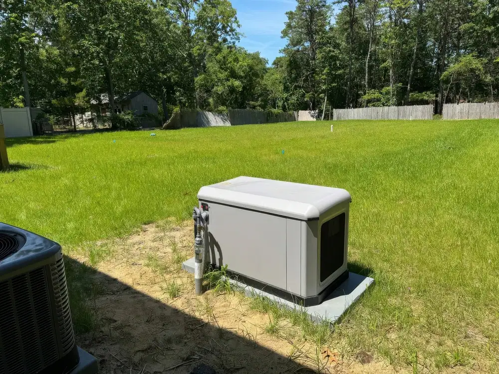 A standby generator is installed on a concrete pad in a sunny backyard with green grass, trees, and a wooden fence—expertly set up by an electrician Cook and Will County, IL. An outdoor air conditioning unit is partially visible in the foreground.