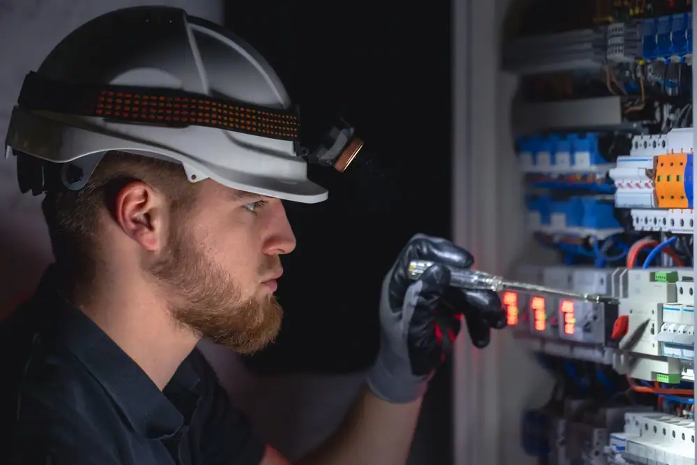 A man wearing a hard hat and gloves, ready to provide electrical services in Cook and Will County, IL.