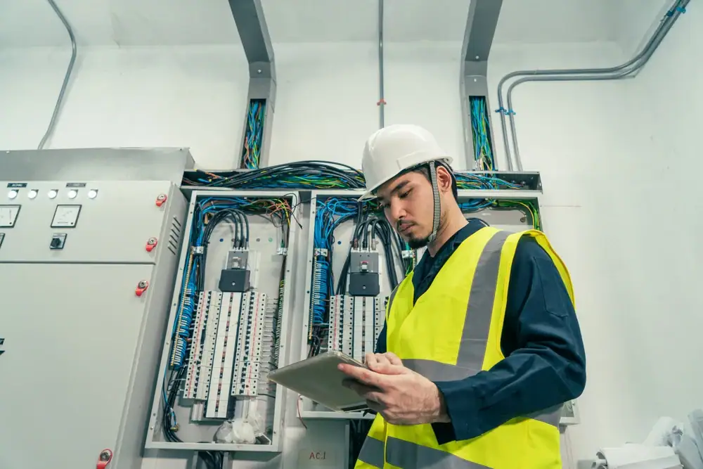 An engineer in a white hard hat and yellow safety vest inspects an electrical control panel, using a tablet for data, showcasing the expertise of Electrical Services Cook and Will County inside an IL industrial facility.