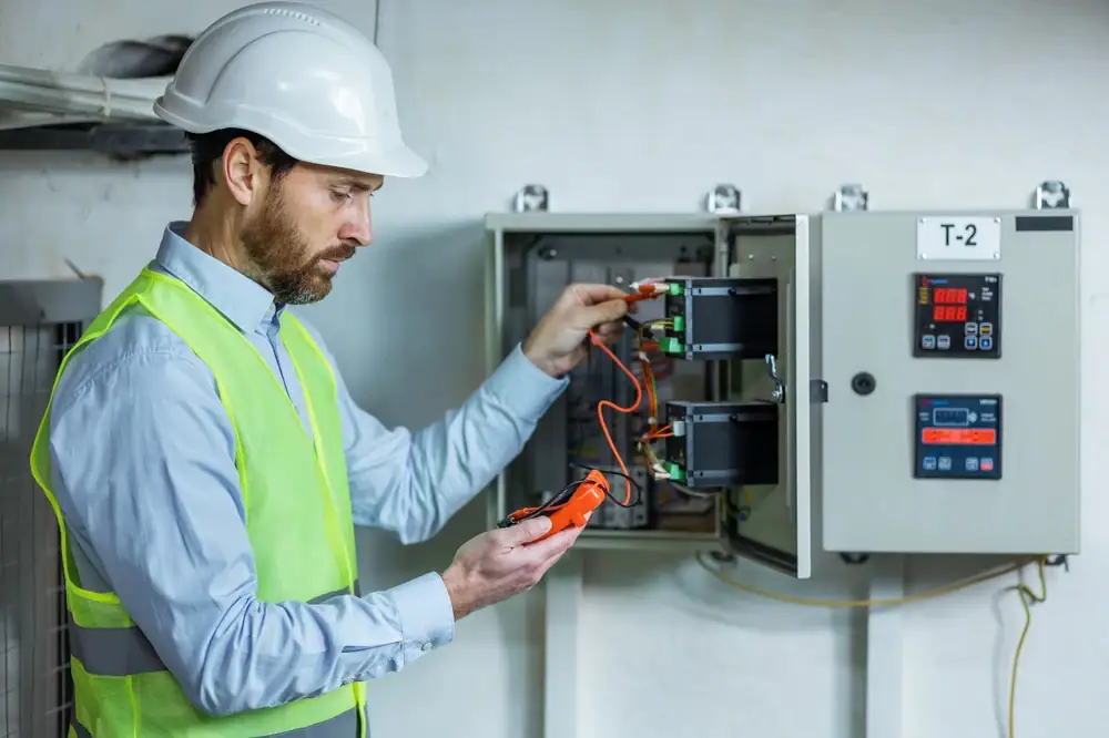 An engineer wearing a white hard hat and yellow safety vest uses a multimeter to check electrical connections in an open control panel, demonstrating expert electrician skills for Electrical Services Cook and Will County, IL.