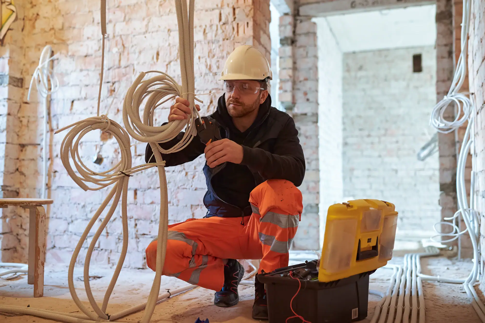 An electrician Cook and Will County, IL, wearing a hard hat, safety glasses, and orange work pants inspects electrical cables in a building under construction, with tools and wires scattered around.