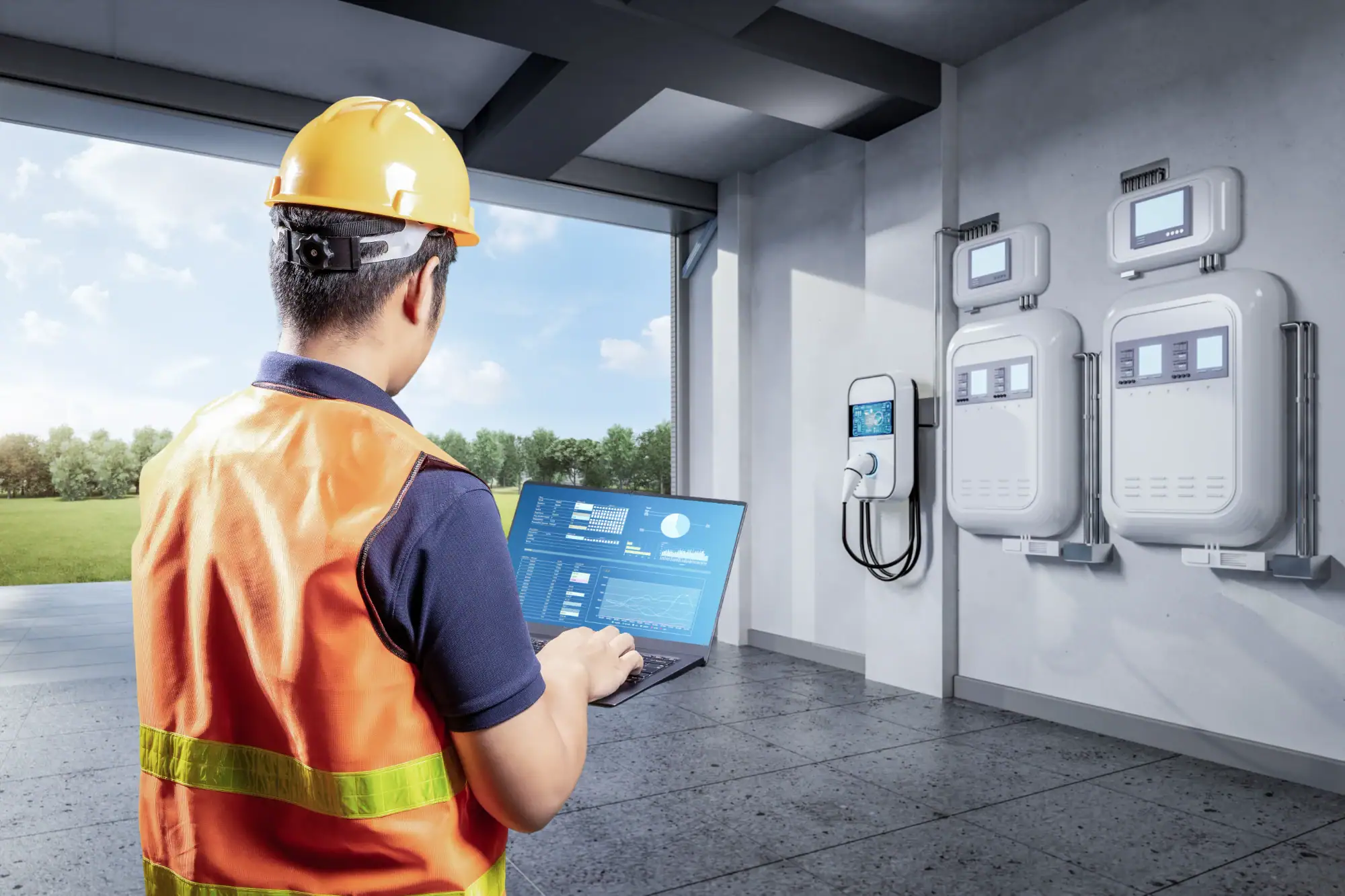 An electrician Cook and Will County in a helmet and safety vest uses a laptop to monitor or control wall-mounted electrical equipment and a charging station in a modern facility with large windows.
