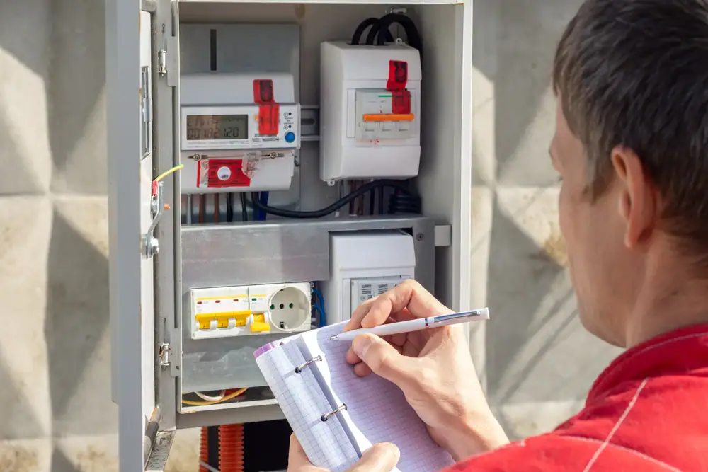 A person in a red shirt inspects an open electrical panel, writing notes while examining circuit breakers and wiring—typical of electrician Cook and Will County professionals providing Electrical Services Cook and Will County, IL.