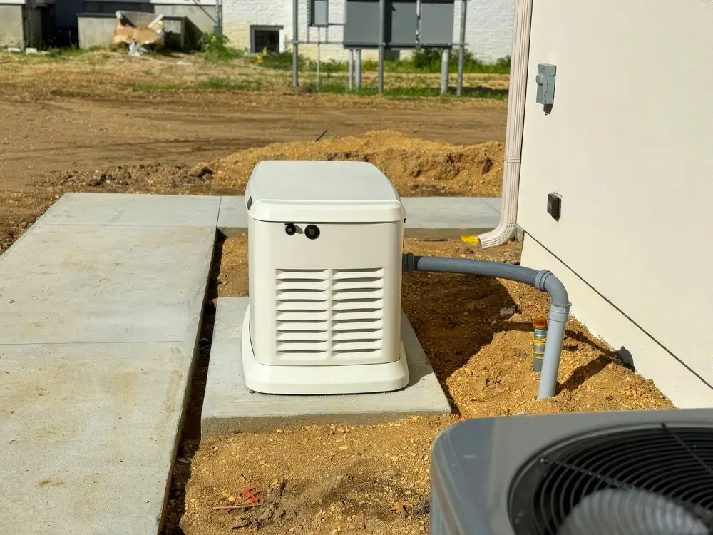 A standby generator is installed on a concrete pad next to a building by an electrician Cook and Will County. Utility connections run from the unit, with dirt and unfinished landscaping surrounding the area.