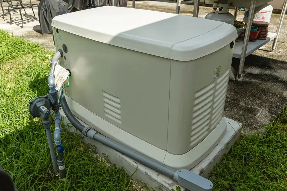 A standby home generator is installed on a concrete pad outdoors in IL, surrounded by grass and utility connections, with a patio and barbecue grill visible in the background—perfect for those needing Electrical Services Cook and Will County.