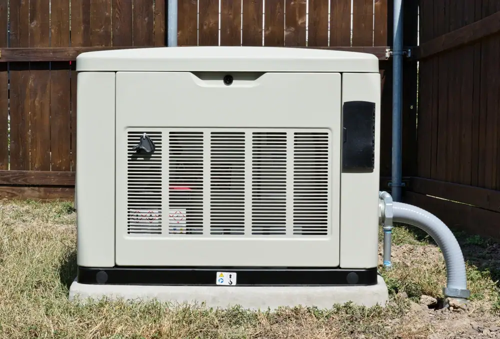 A standby generator sits on a concrete pad in a grassy yard, positioned near a wooden fence. Installed by Electrical Services Cook and Will County, IL, it features a vented front panel, control knob, and conduit pipe on the right side.