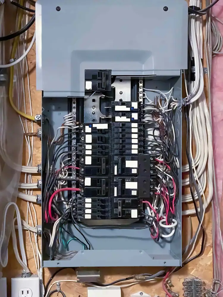 An open electrical breaker panel with multiple circuit breakers, black and white switches, and various wires organized and connected inside. Some wires are red, black, and white, running from the panel to the sides in Chicago, IL