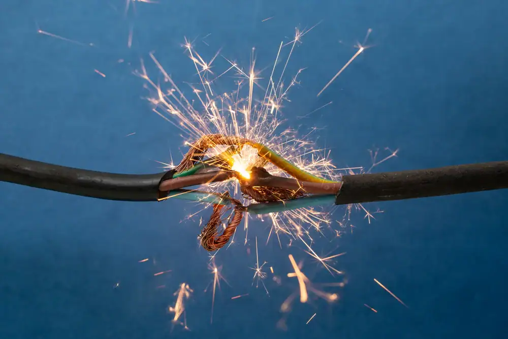 Close-up of live exposed wires sparking in a residential setting in Chicago, IL, illustrating a hazardous electrical situation requiring immediate attention