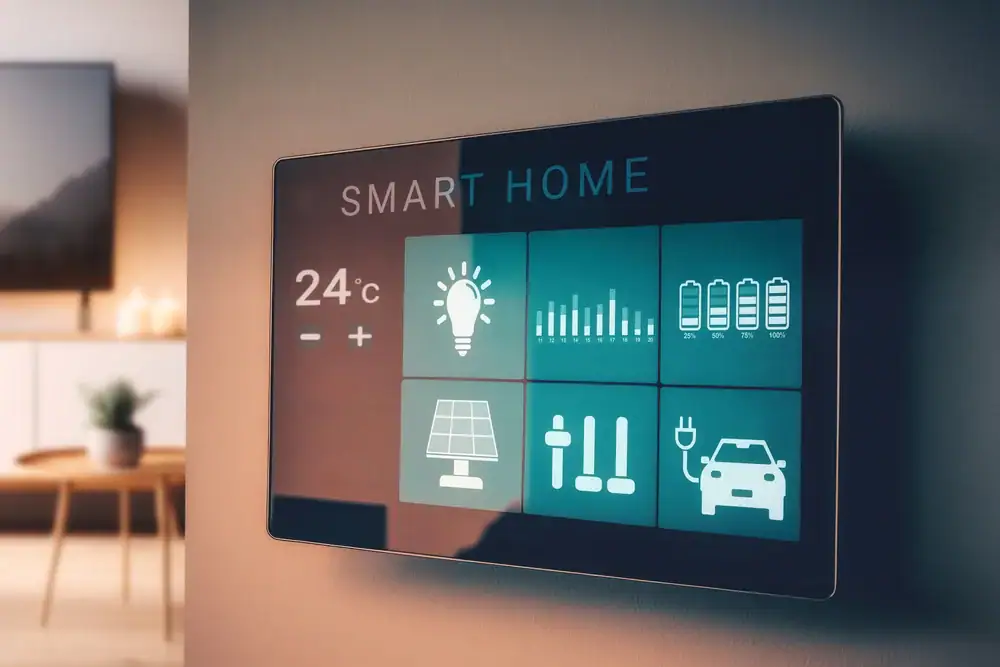 Modern smart-home control panel installed in a Chicago, IL home, displaying touchscreen interface for lighting, security, and climate management