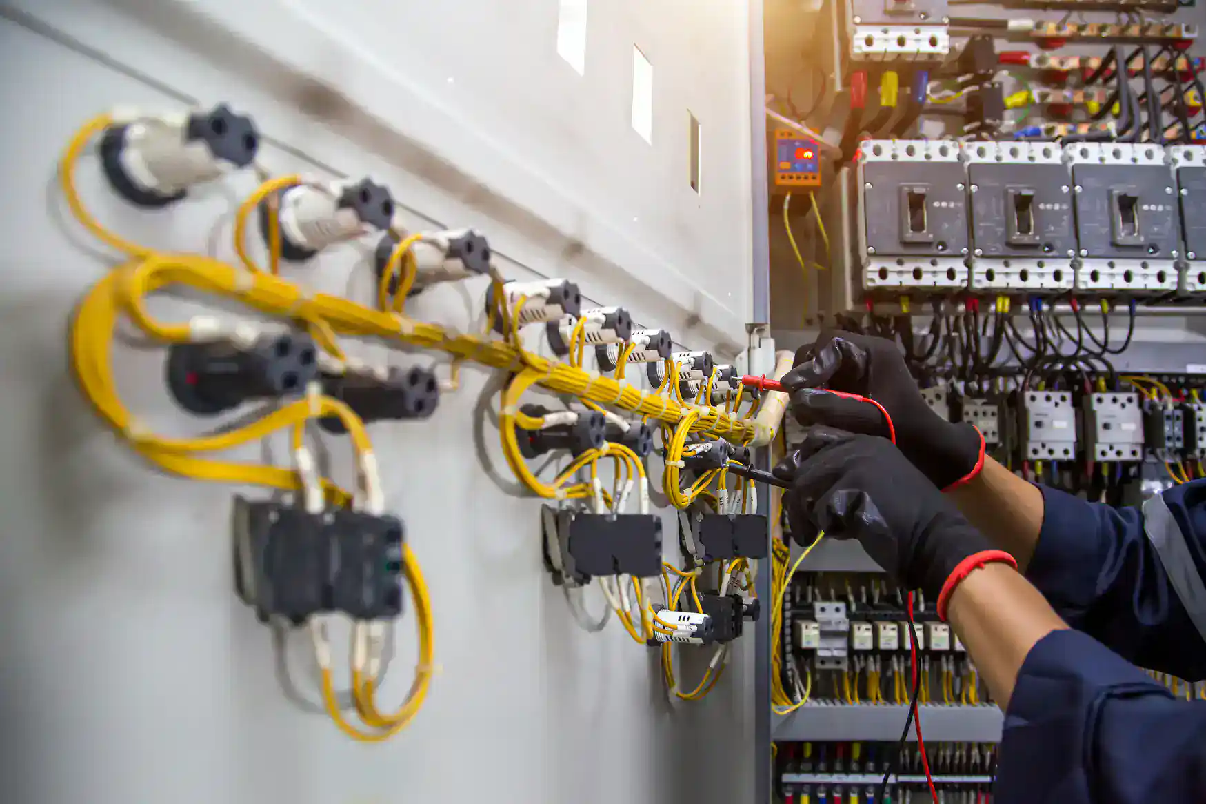 A person wearing black gloves uses a multimeter to test electrical wires and components inside an industrial control panel with multiple yellow cables and switches.